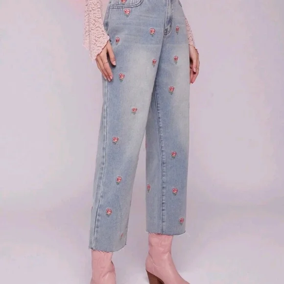 Floral Embroidered Light Blue Jeans